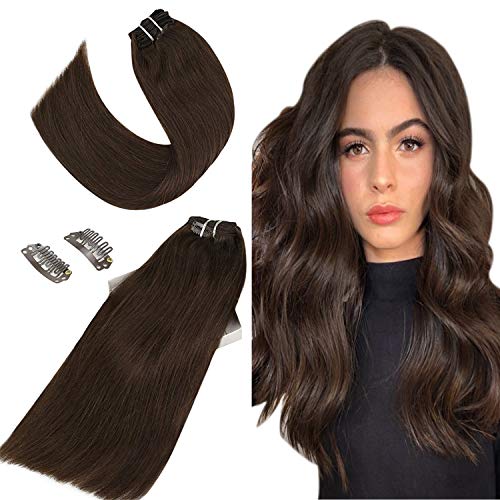 JoYoung Clip in Hair Extensions Brown 16 inch Brown Clip in Extensions Human Hair Full Head #4 Dark Brown Clip in Hair Extensions Human Hair 7pcs 100g
