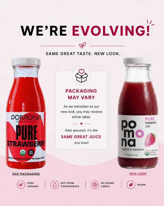Image of Pomona Organic Strawberry Juice (Pack of 12), Cold Pressed USDA Organic Juices with 100% Strawberries, No Added Sugar, Not From Concentrate, Vegan, Kosher, Non GMO, Pasteurized, 8.4 oz Glass Bottles