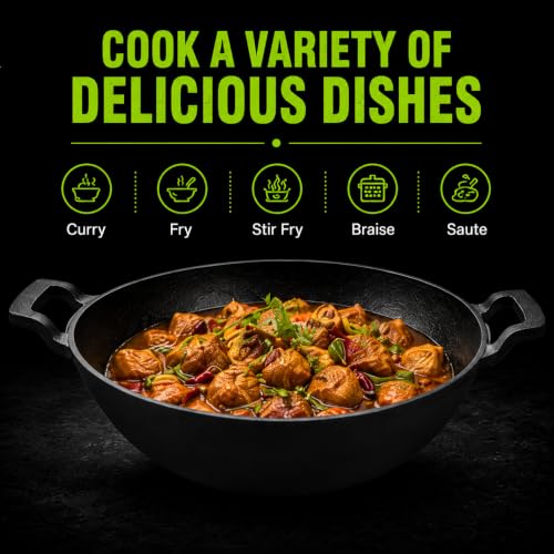 Image of Esspy Pre-Seasoned Cast Iron Kadai with Silicon Handle | 24cm /8.6inch | Kadhai for Deep Frying, Sauteing, Stir Fry, Curry & Indian Cooking | Naturally Non-Stick | Gas, Induction & Oven Compatible
