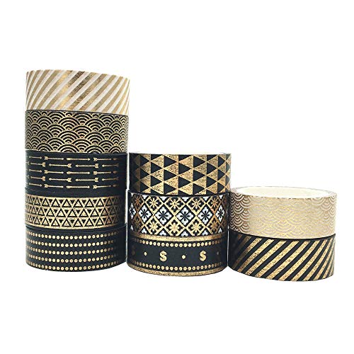 Viviquen Gold Washi Tape Set 15Mm Foil Skinny Masking Tape Decorative Pack For Diy Scrapbooking, Crafts, Gift Wrapping, Holiday Decoration (Black Basic Pattern 10 Rolls) #TOP2
