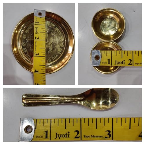 Image of Laddu Gopal ji Thakur Ji Krishna Brass Pooja Thali Set /Bhog Bartan /Prasad Bartan Small Utensils Set of 5 Pcs (Thali Size 3.5 cm) (0-3 Size)