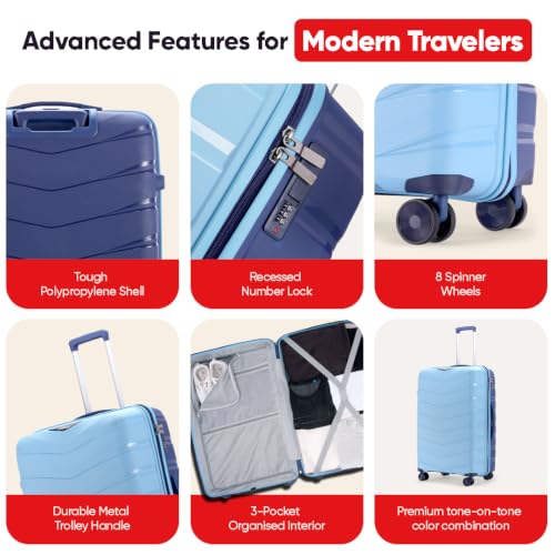 Image of Axis Medium Check-in Suitcase 65 cm 24 inch Polypropylene Hard Trolley, 8 Spinner Wheels, 3-Pocket Convipack, Dual-Tone Shell, Recessed Number Lock Sapphire Blue /Peacock Blue