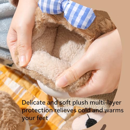 Cute little monkey home slippers, brown plush blue checkered bow, soft furry indoor winter shoes4