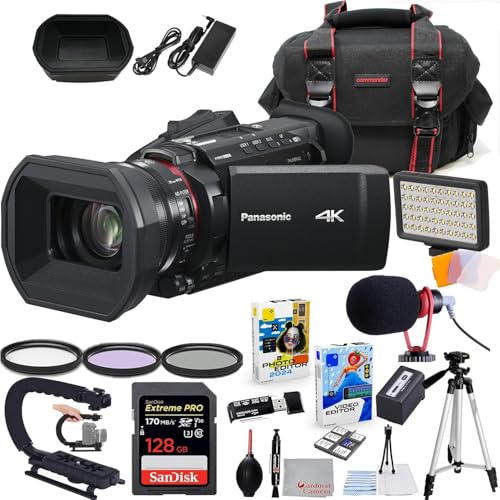 Panasonic HC-X1600 UHD 4K HDMI Camcorder with 24x Zoom Bundle + Accessory Package Including 128GB Extreme Pro Memory, LED Light, HD Filters, Bag, Editing Software Package & More (24 Items)