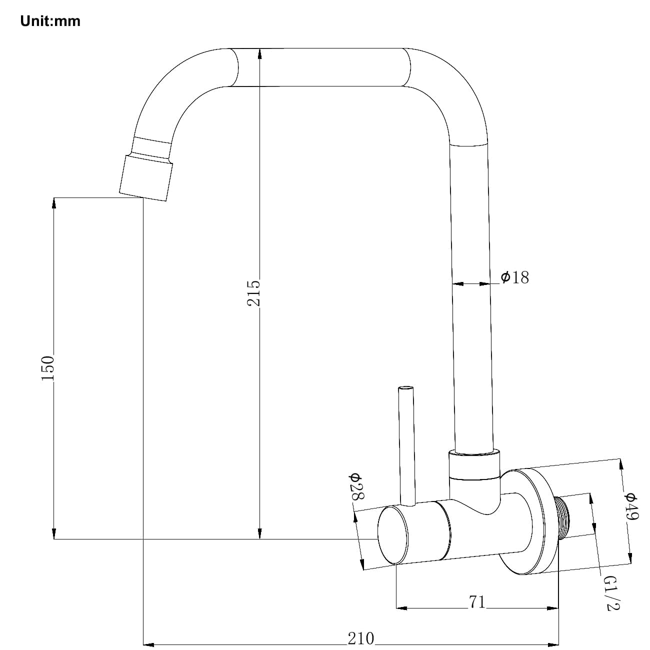 Grifo Cocina de Pared Solo Agua Fría, G 1/2" Grifería para Fregadero Giratorio a 360​°, Monomando Acero Inoxidable 304, Aireador Extraíble, Cepillado