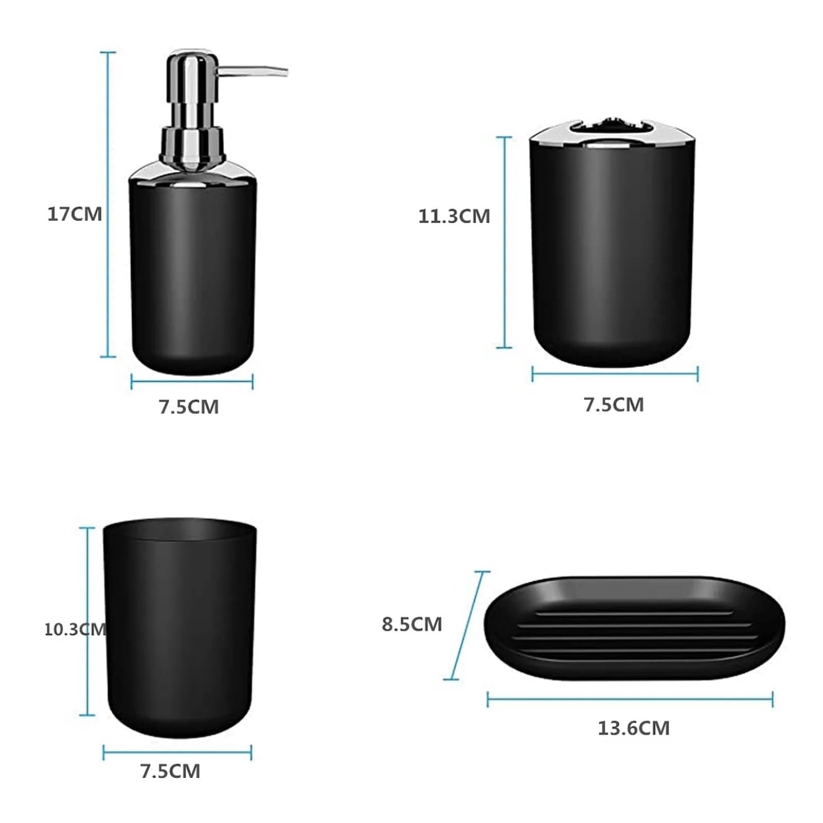 ZCCZ Set accessori bagno bianco nero 4 pezzi - Portaspazzolino, dispenser sapone, vassoio, bicchiere - Organizzatore tavolo elegante per casa e decorazione bagno moderno