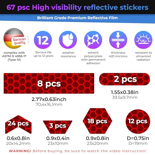 Image of LOOM Reflective Stickers | 67pc Brilliant Red | Reflective Stickers for Helmet, Bike, Motorcycle, Hard Hat | Waterproof Reflectors for Car, Trailer | Bike Reflectors for Night Riding