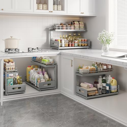 Image of Under Sink Organizer Upgrade To Professional Rails,2-Tier Dual Pull Out Cabinet Storage,Height Adjustable Slide Out Drawers For Bathroom Kitchen,2 Pack-18.5 inchDx12.8 inch-16.9 inchH,Gun Gray
