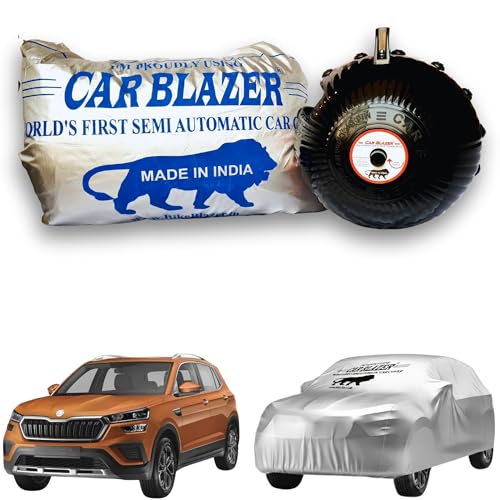 Image of CARBLAZER Portable & Semi-Automatic Full Body Car Covers: Heavy Duty Device| Anti-Theft| Dust & Scratch Proof | Water & Wind Resistant|Custom Fit| Dual-Side Cover, Compatible for Skoda Kushaq