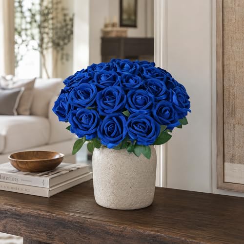 Image of 50 PCS Blue Roses Artificial Flowers, Real Looking Fake Roses with Long Stems Silk Flowers for DIY Wedding Bouquet Party Celebration Home Bridal Shower Decoration Valentine's Day Gift for Her Wife