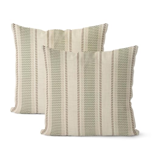 Boho Sage Green Brown Polka Dot Stripes Pillow Covers 18x18 Set of 2