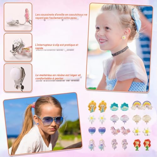 ZILZUFA 12 Paires Boucles d'oreilles Clip Fille Enfants, Magnifique Sirène Perle Coquille Non Piercing Boucles d'oreilles Princesse Bijoux Accessoires Fête Anniversaire Cadeau – vue 4
