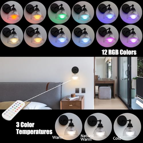 Image of Phansthy Industrial Rechargeable Battery Operated Wall Sconce with Remote Control, Clear Striped Glass Shade Wall Lamp, Vintage Dimmable Indoor Wall Light for Bedroom Living Room Restaurant (Black)
