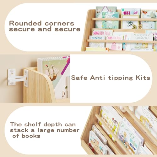 Image of Lkeiyay Montessori 4-Tier Front Facing Kids Bookcase, Natural | 4-tier front-facing Montessori rack with 3 solid beech rods & rounded edges, kids picture book storage for nursery, playroom