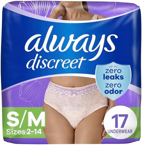 Always Discreet Adult Incontinence Underwear for Women and Postpartum Underwear, Size S/M, Up to 100% Bladder Leak Protection, 17 Count
