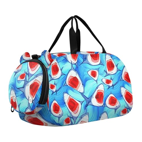 Sharks Blue Kids Travel Duffel Bag for Boys Girls Overnight Weekend Tote Bag with Shoes Compartment for Trip Beach Swim