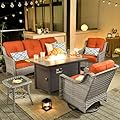 ovios Outdoor 5 Piece Patio Furniture with Fire Pit Table,Wicker Coversation Set with Swivel Rocking Chair,Comfy Sectional Deep Sofa for Outside Porch Balcony Backyard Pool,Orange