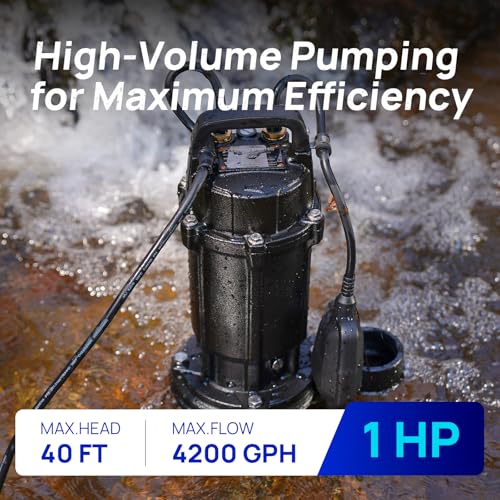 Image of Aquastrong 1 HP Sewage Grinder Pump, 4200 GPH Sewage Pump 2 inch Discharge, Cast Iron Sump Pump Submersible with Auto Float Switch for Basement Sump Basin and Sewage Well, Black