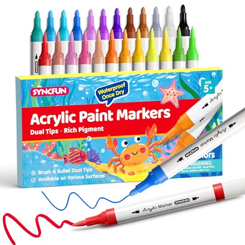 SYNCFUN 24 PCS Acrylic Paint Markers, Dual Tip Waterproof Pen