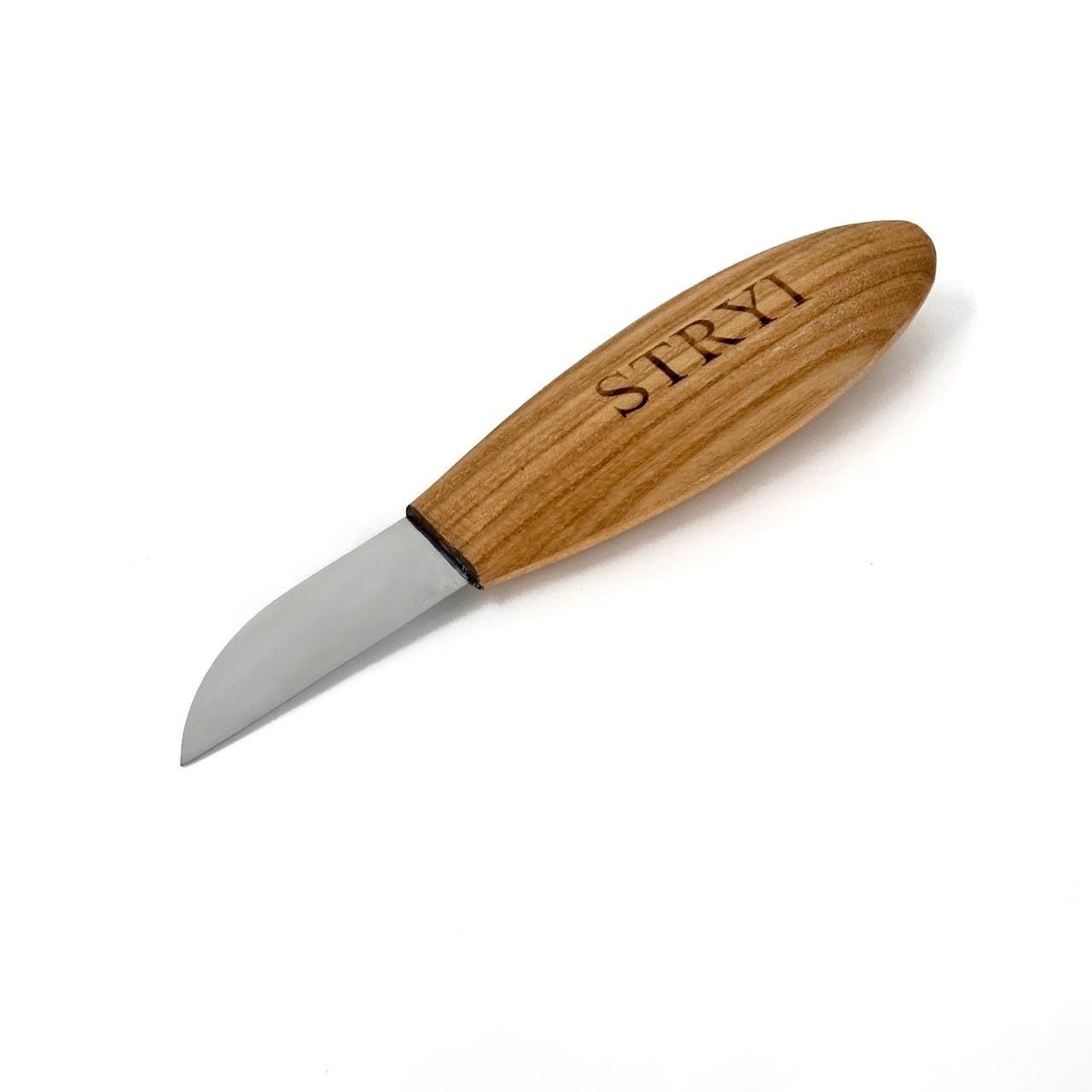 STRYI Cuchillo profesional para tallar 50 mm – Cuchillo Sloyd forjado a mano de acero al carbono – Para tallado en madera, figuras, cucharas y relieves – Mango ergonómico de madera de roble