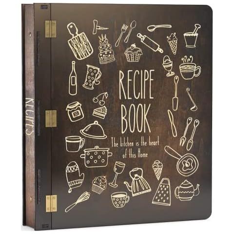 Wood Recipe Book Binder (3 Ring) - Includes 25 Plastic (8.5" x 11") Left Loading Sleeves (Holds 50 Recipe Cards) - 50 (4"x6") Double Sided Recipe Cards - 6 Index/Recipe Dividers Cover