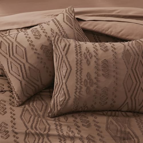 Image of AMBERSPACE King Size Comforter Set Brown, Tufted Farmhouse Bedding Boho Bed Set, All Season 7 Pieces Bed in a Bag with Sheets, Pillowcases & Shams