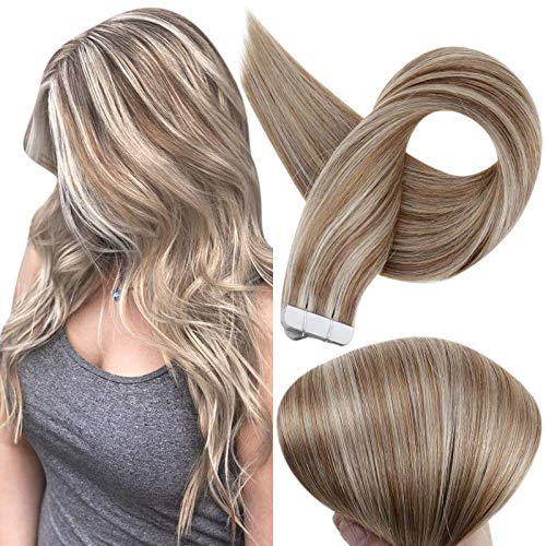 Full Shine Tape In Hair Extensions Seamless PU 18 Inch Remy Tape On Human Hair Color 10 Highlighted 613 Blonde Invisible Remy Brazilian Hair Extensions 50 Gram Glue on Real Human Hair