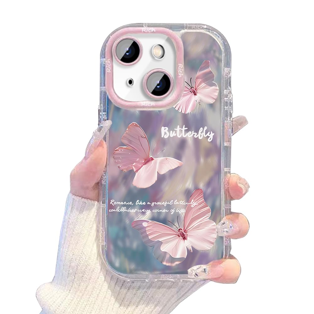 KeKeYou iPhone 15 用 ケース 可愛い ちょう かわいい 韓国 ケース 薄くて軽い 人気 おしゃれ 蝶と スマホケース 耐衝撃 携帯カバー レンズ保護 携帯ケース アイフォン15 用 スマホカバー (iPhone 15,ピンク）