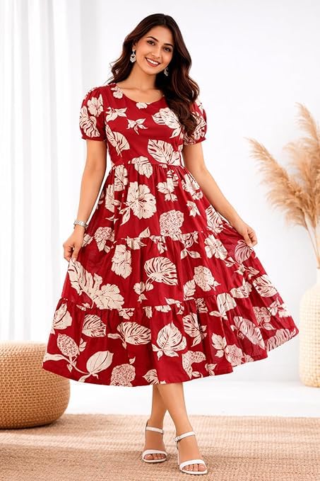 Image of Rayon Printed Midi Dress Comfortable Casual & Ethnic Wear