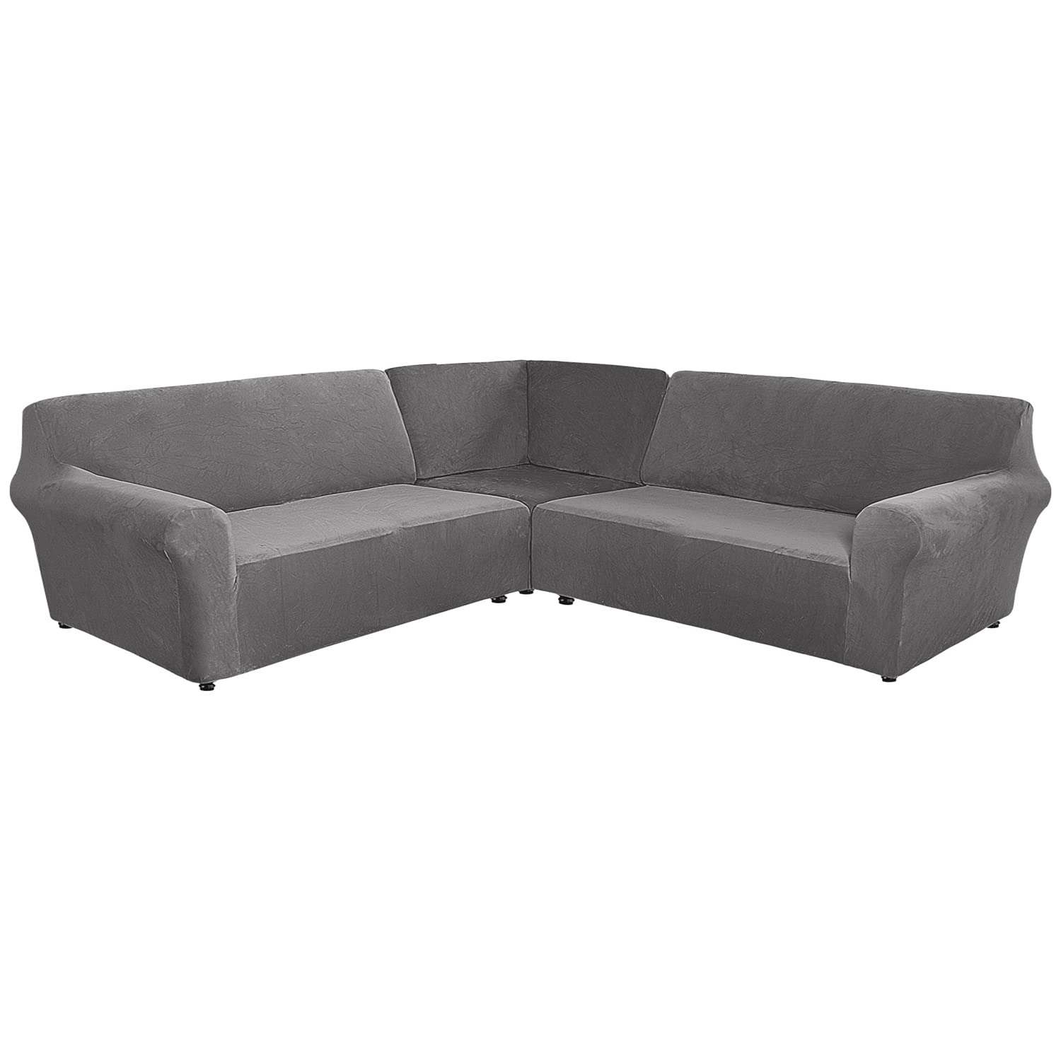 L Shape Sofa Cover Velvet Corner Sectional Couch Covers for Living Room Super Soft Stretch U Shaped Sofa Slipcover Anti Slip Pets Cat Furniture Protector (7 Seater, Grey)