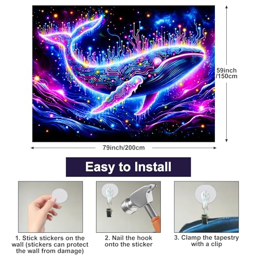 Image of BlissYard Blacklight Tapestry Glow In The Dark Tapestry UV Reactive Tapestry 78x59 Inches Cosmic Whale Fluorescent Wall Hanging with Neon Circuitry Tapestry for Bedroom Space and Technology Theme