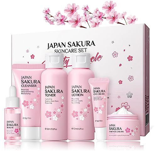 Skincare Gift Sets for Women - Sakura Skin Care Sets & kits - 6-Step Skincare Routine - Cleanser,Toner,Lotion,Serum,Eye Serum,Essence Serum - Gifts for Teenage Girls - Vegan&Cruelty-free (6PCS)