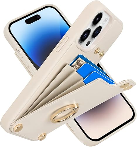 LAMEEKU Funda tipo cartera compatible con iPhone 14 Pro Max, funda de cuero con soporte para tarjetas, soporte de anillo de rotación de 360, funda