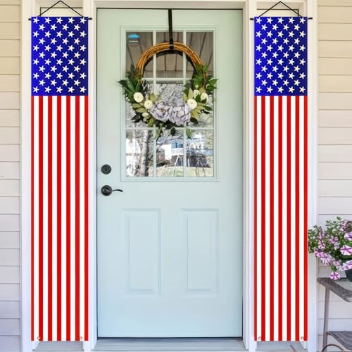 Image of BlissYard 2Pcs Patriotic Decor Door Banner USA Independence American Flag Banners Hanging Porch Signs for Memorial Day Veterans Day Labor Days 4th of July Decorations for Yard Indoor Outdoor Supplies