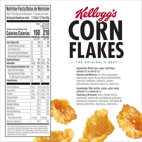 Image of Kellogg's Corn Flakes, Breakfast Cereal, Original, Fat-Free, 18 oz Box | 8 Vitamins and Minerals, Family Breakfast