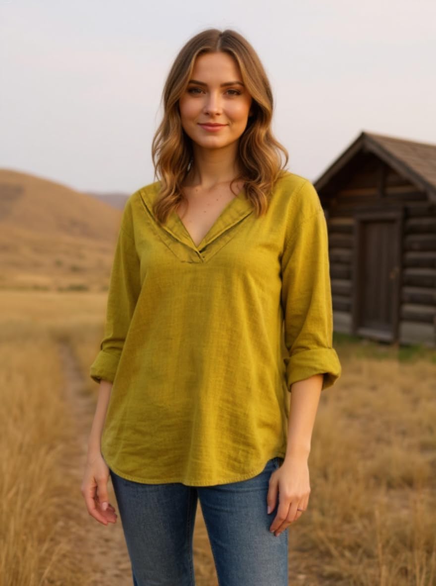 Women Long Sleeve Lapel Linen Top Casual V Neck Loose Shirt Dressy Beach Vacation Blouse Tunic - Image 3