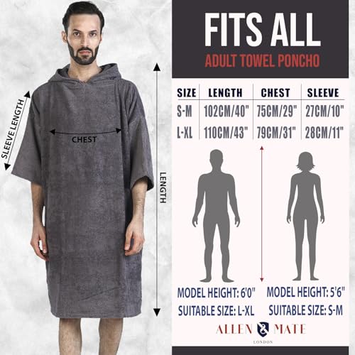 Image of ALLEN & MATE 100% Cotton Hooded Surf Poncho Changing Robe - Quick Absorbent Changing Towel with Pocket for Surfing Men Women