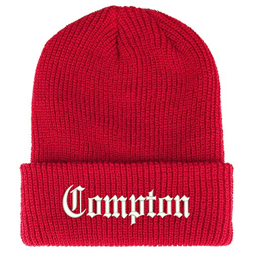 Trendy Apparel Shop Old English Font Compton City Embroidered Ribbed Cuff Knit Beanie - Red