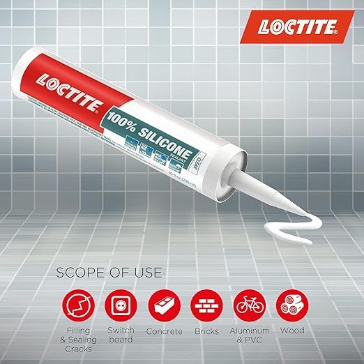 Image of Loctite 100% silicone sealant, Waterproof, No shrinkage, Dries in 10mins, Ideal for kitchen, bathroom, HVAC applications, Sealant for glass, ceramics, aluminum, steel, Transparent, 260ml