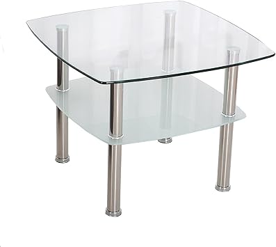 Sofa Side Table, Tempered Glass Double-layer Coffee Desk, Stainless Steel Legs,Storage Shelf for Small Apartment Living RoomB,60x60x45cm