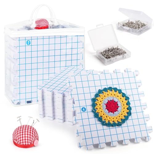 Coopay Spannmatten mit Raster 9 Stück Spannmatten Stricken Spannmatten Häkeln mit 200 T-Nadeln Dicke Blockiermatten für Granny Square Spannen Blocking Mats für Handarbeiten Stricken Häkeln Spitze