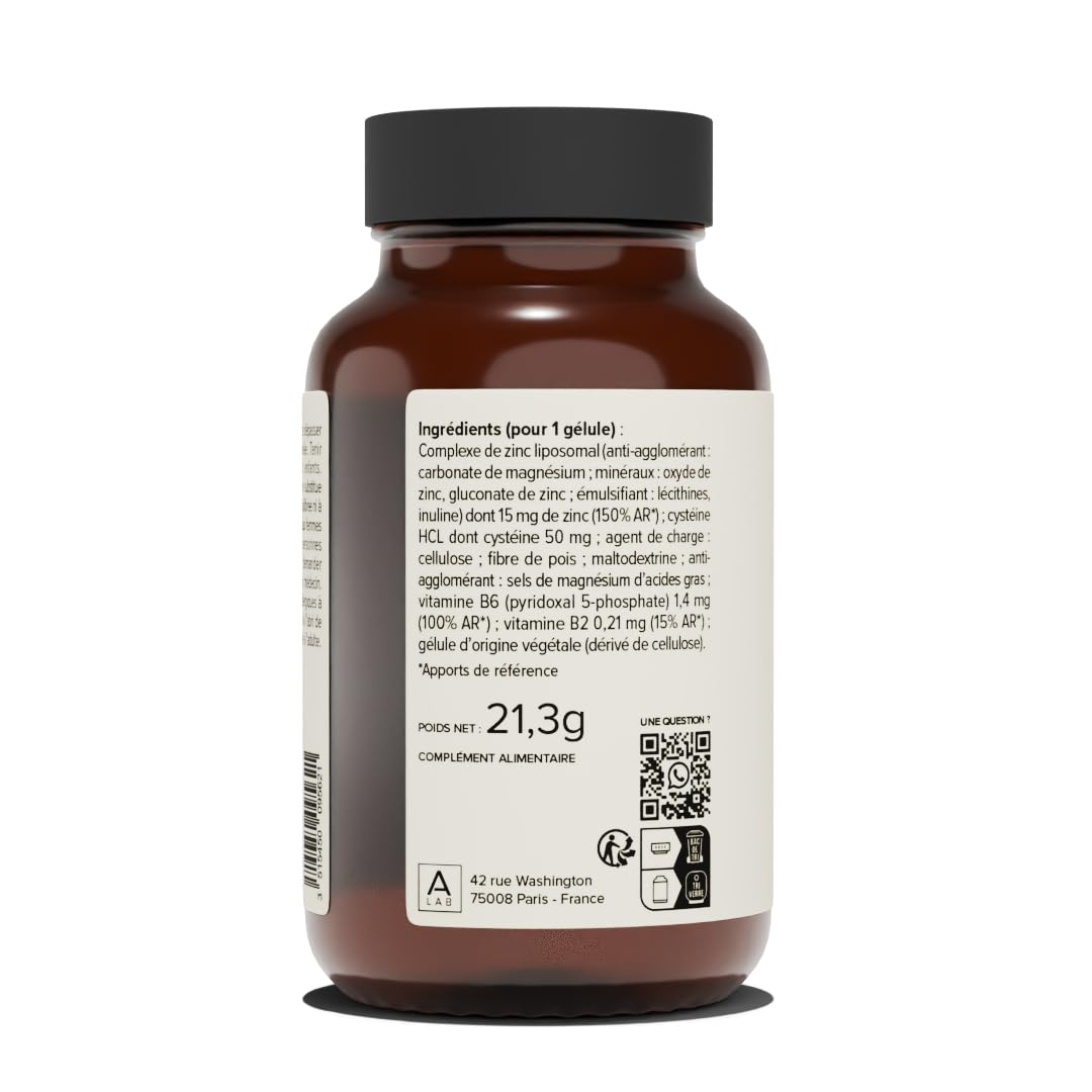 A-LAB Zinc Liposomal 15 mg - Assimilation Renforcée - Complément Alimentaire Immunité, Peau, Cheveux, Vision, Acné - 60 jours de prise - Fabriqué en France