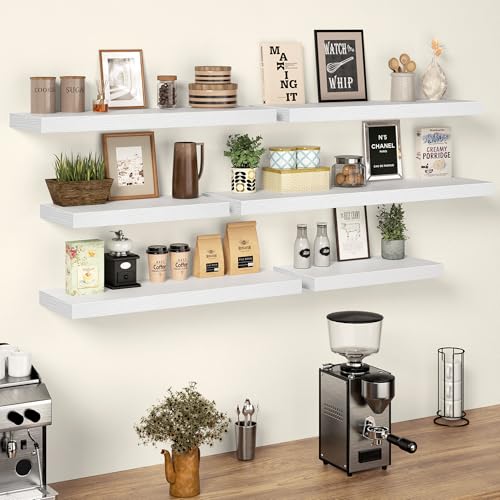 Image of 36 Inch Floating Shelves, 12 Inch Deep Floating Shelves for Wall, Extra Deeper & Thicker Wooden Wall Shelf with Invisible Brackets, Shelf for Bedroom Living Room Home Decor(White, Set of 2)