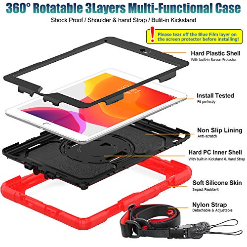 Image of SEYMAC stock Case for iPad 9th / 8th / 7th Generation 10.2'' with Screen Protector Pencil Holder, 360 Rotating Stand Shoulder Strap Protective Case for iPad 10.2 inch (2021 /2020 /2019), Red