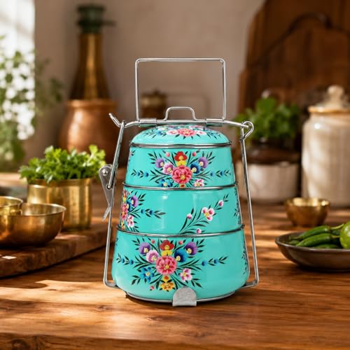 Image of iHandikart Handpainted Decorative Lunch Box Tiffin | Multiple Tier Stainless Steel Food Box | Designer Indian Print Tiffin for School | Diwali Gift, Navratri Gift (Color - Multicolor)