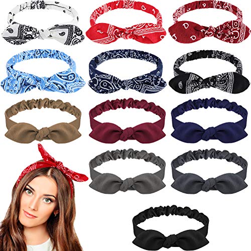 12 Pieces Headbands Boho Bow Paisley Bandana Solid Color Knot Headwrap Retro Elastic Rabbit Ear Hairband for Girls and Women
