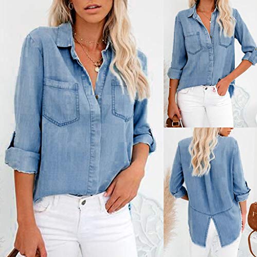 C-Langarm-Damen-Jeans-Bluse-Hemdbluse-Damenbluse-Jeanshemd-Jeansbluse-Taschen-Langarm-Shirt-Arbeiten-Casual-Shirts-Tops-Langarmshirt-Bluse-Jeanshemd-Oberteil