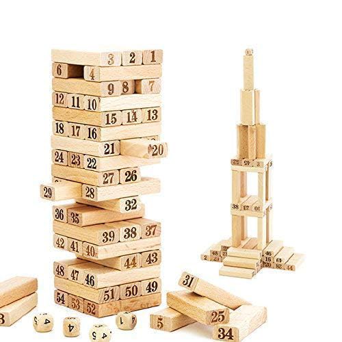 Image of Wooden Building Blocks Puzzle Game 54 Pcs Challenging 4pcs Dice Wooden Blocks Stacking Game Maths,Tumbling Tower 54 Pcs with 4 Dices Game for Adults & Kids.
