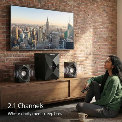 Image of Philips Audio 2.1 CH 60W Multimedia Speaker System with Bluetooth 5.3, USB,AUX,FM Radio,LED Display, Remote Controlled, 10.16cm Subwoofer, Wide Compatibility-MP3 Player,TV, PC (MMS2634 /94-Deep Black)