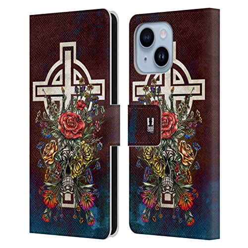 Étui portefeuille en cuir iPhone 14 Plus Head Case Designs Crâne Floral